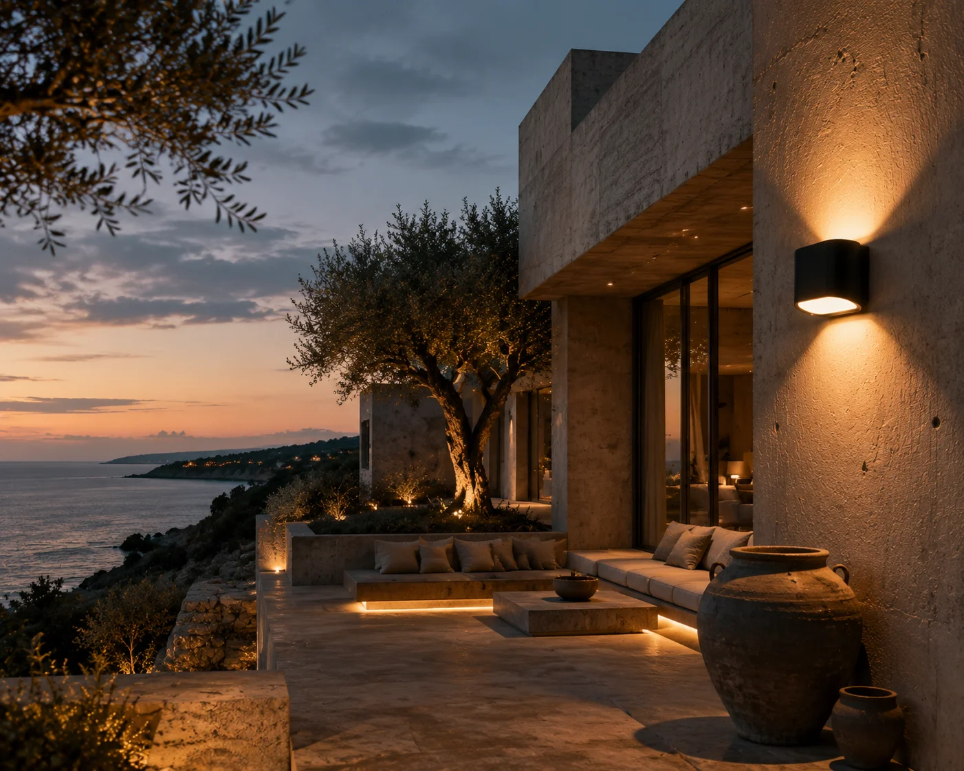 seaside villa with outdoor wall ambient lighting